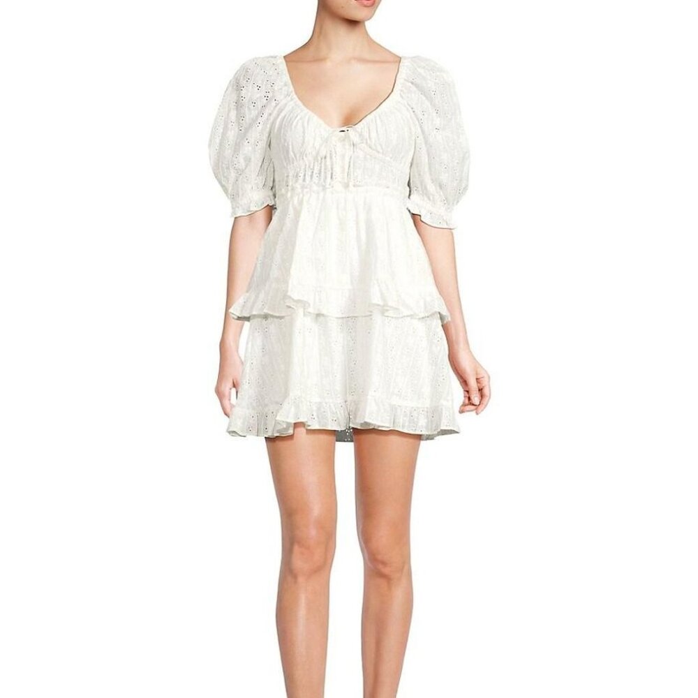 WEWOREWHAT Puff Sleeve Eyelet Mini Dress (Size M)